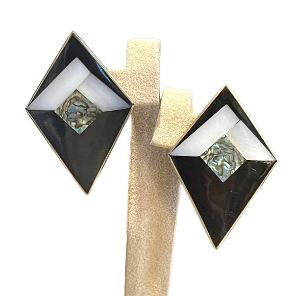 Vintage 1980s Alpaca Mexico Inlay earrings - Picture 2 of 7